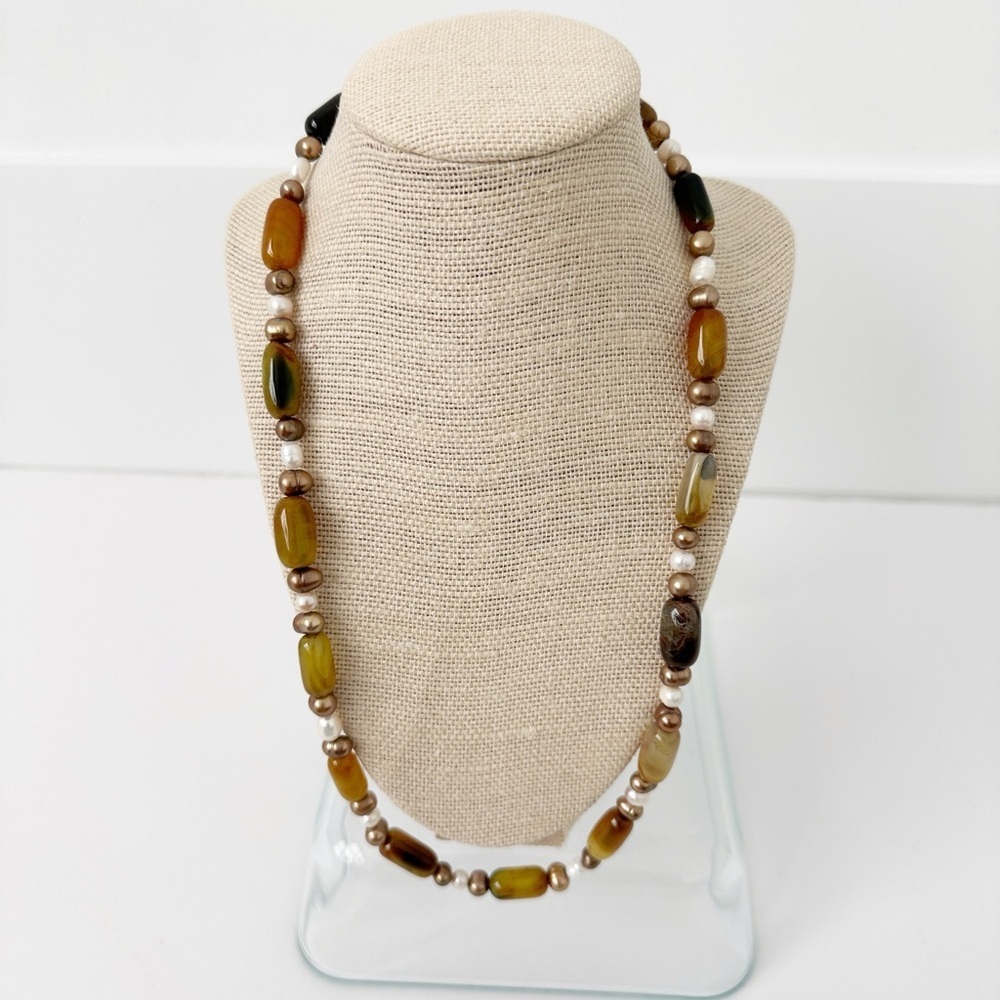 NWT Genuine Carnelian & Pearl Beaded Necklace Yellow Orange White